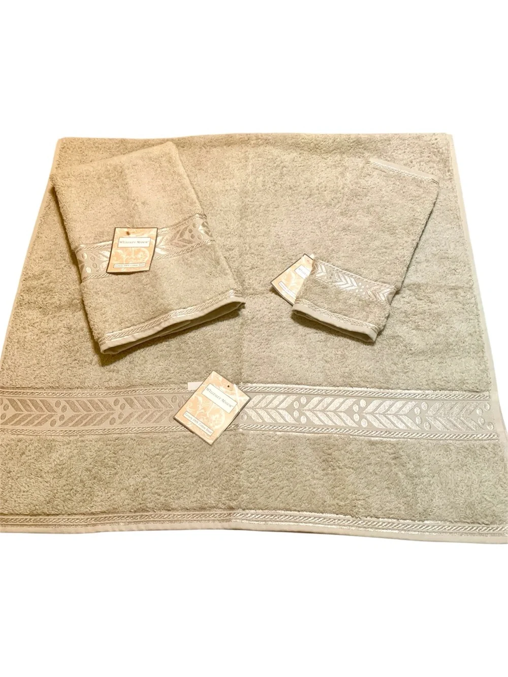 Wellesley Manor Luxury 100% Cotton Embellished Towels Taupe Tan 6-Piece Set NWT